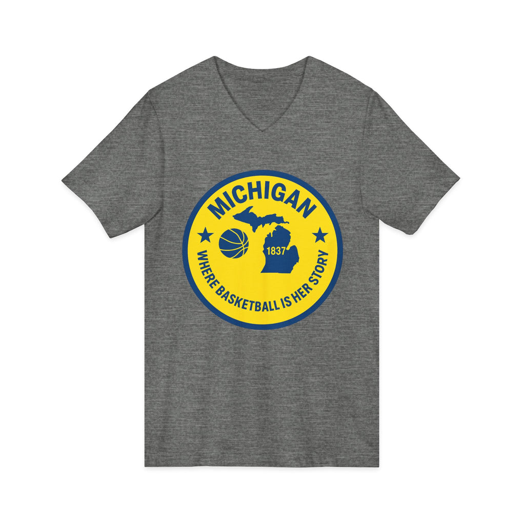 Michigan Basketball V-Neck Tee — 'Where Basketball Is Her Story' State Badge