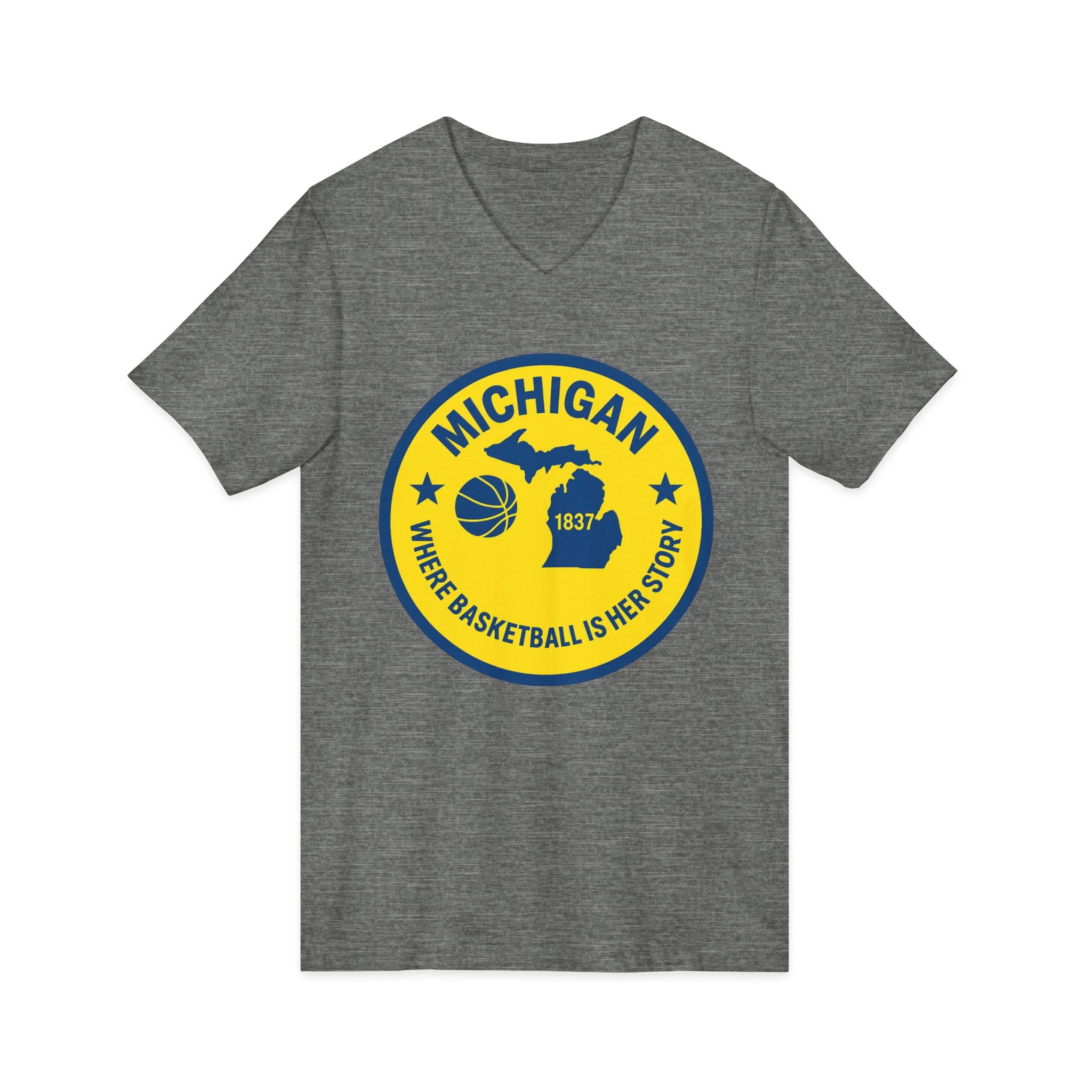 Michigan Basketball V-Neck Tee — 'Where Basketball Is Her Story' State Badge