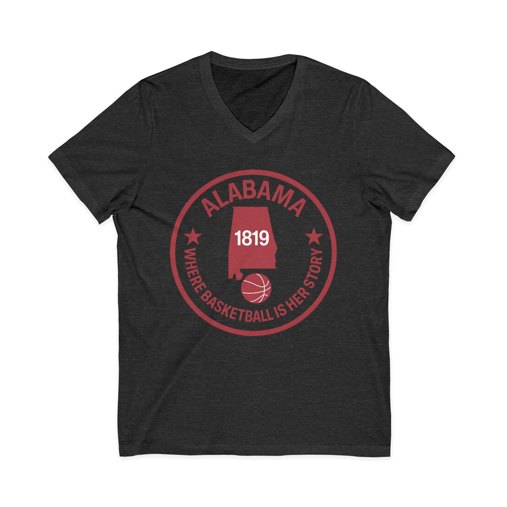 Alabama Basketball V-Neck Tee — "Where Basketball Is Her Story" State Logo